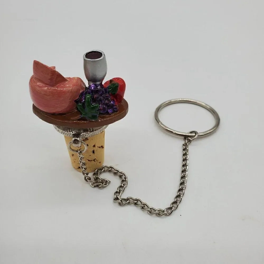 Cheese & Wine Bottle Stopper Wine Things Unlimited Hand Painted Pewter Chain - Picture 2 of 7